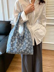 1pc/4pcs Back To School 3D Floral Embossed Canvas Tote Bag, Large Capacity Macaron Color Flower Shoulder Handbag, Student Casual Aesthetic School Bag, Suitable For Library, Classroom, Travel - Multiple Styles - View 13