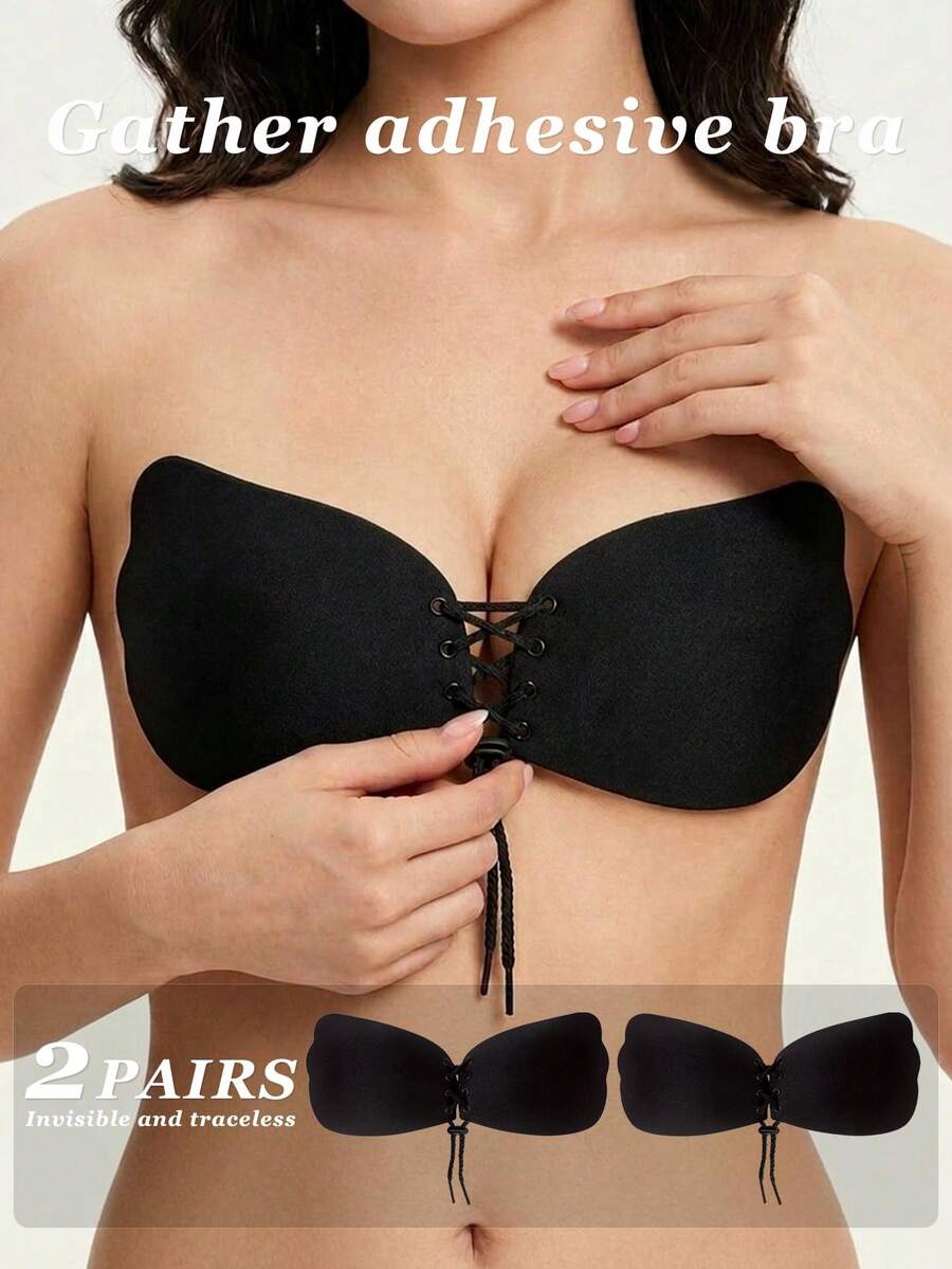 2pcs/Pack Wing-Shaped Invisible Silicone Breast Pads, Wire-Free Adhesive Bra With Drawstring - Multicolor - View 1