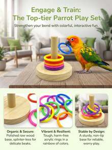 1Pc Wooden Parrot Ring Stacking Toy, Colorful Plastic Rings Bird IQ Training Toy, Interactive Chewing Enrichment Toy For Cockatiel, Budgie, Conure, Pet Bird Cage Accessory Supplies - View 5