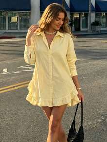 Women's Fashion Yellow Long Sleeve Shirt, Decorated With Ruffle Trim And Ruffle Hem, Woven Fabric, Cropped Design - Yellow - View 7