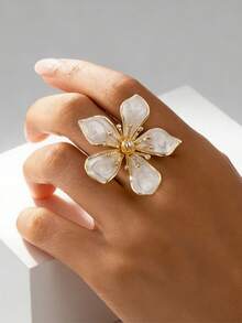 1 Peça Anel Elegante de Moda com Flor de Cinco Pétalas e Gota de Óleo, Anel Feminino Elegante e Minimalista de Luxo - Multicolorido - Visão 10
