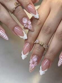 24pcs Almond Shaped Elegant Cool 3D Gel Pink Cute Flower Gradient Shiny Rhinestone Tortoise Shell Striped French Glossy Bright White-Enhancing Fake Nails Fashion Versatile Wearable Nails Suitable For Dating Party Spring Summer Women And Girls Autumn Winter Daily Wear Removable Press-On Nail Set With Jelly Glue And Nail File Easy To Wear And Durable Jelly Glue Randomly Sent - Baby Pink - View 3