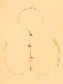 outingfit 1 dây xích đeo người pha lê Starburst hình chữ Y đính đá rhinestone hình sao, trang sức cơ thể gợi cảm cho nữ đi tiệc - Vàng - Xem 3