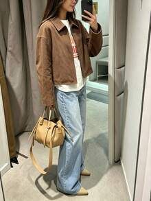 Fashionable Women's Brown Long Sleeve Zip-Up Collar Knit Fabric Jacket, Regular Length, Non-Stretch, Suitable For Autumn/Winter Wear - Brown - View 3