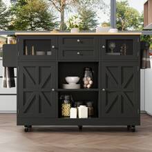 Kitchen Island With Worktop, Buffet With Shelves And Drawers - Black - Black - View 11