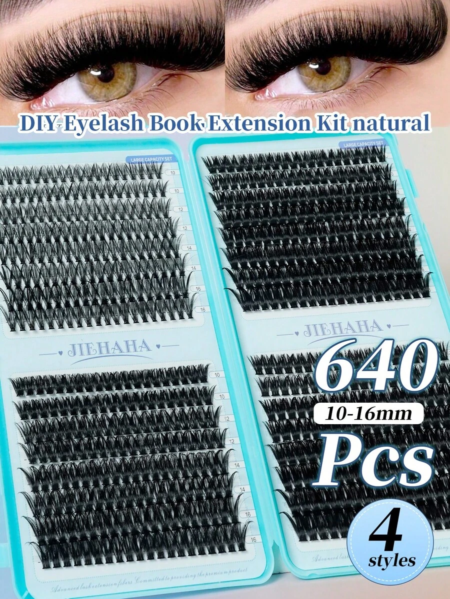 640pcs Cluster False Eyelashes, Large Capacity Individual Lash Book, 10-16mm Mixed Length Lash Set, Beginner DIY Home Eyelash Extension Kit, Eye Enlarging Lashes For Daily Commute Date Music Festival