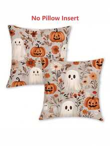 2pcs Cute Ghost Pumpkin Floral Pillow Covers, Vintage Autumn Wildflower Cute Ghost Jack-O'-Lantern Decorative Throw Pillow Covers, Suitable For Halloween, Country Farmhouse, Sofa, Bedroom, Porch, Pastoral Style Holiday Home Decor, Autumn Soft Furnishing - Multicolor - View 2