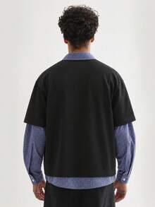 INFLATION Men's New 2-In-1 Long Sleeve T-Shirt, Miu-Style College Style Colorblock Polo Top - Black - View 2
