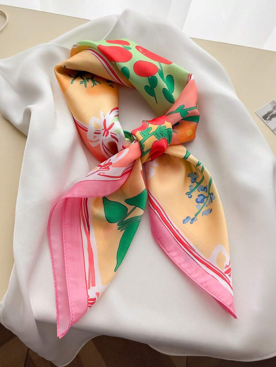 1件女款優雅復古印花細款緞面正方形仿絲綢圍巾,波西米亞風女式頸巾披肩,輕薄舒適女用方巾 - 粉色 - 查看 1