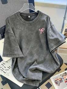 Women Vintage Washed Tee, 230G Thick Oversized Crew Neck Short Sleeve, Retro Street Loose Fit Casual Top For Spring Summer Machine Washable Daily Wear - 灰色 - 查看 1