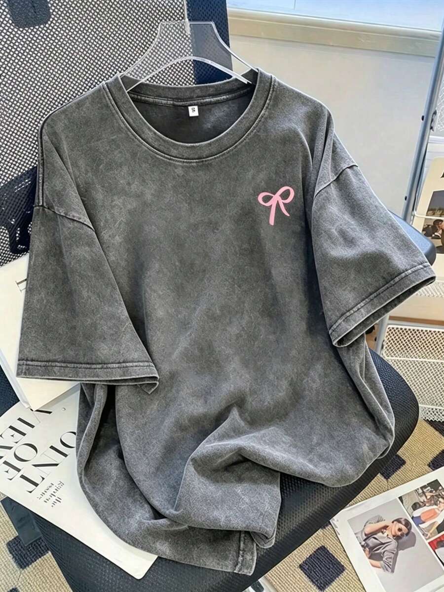 Women Vintage Washed Tee, 230G Thick Oversized Crew Neck Short Sleeve, Retro Street Loose Fit Casual Top For Spring Summer Machine Washable Daily Wear - 灰色 - 查看 1