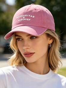 1 Pc Vintage Distressed Baseball Cap - "MARGARITAS & MISCHIEF" Print - Lightweight Hat, Vintage Style, Embossed Design, Casual Headwear | Vintage Style Hat | Embossed Design Hat, Vintage Baseball Cap, Hats For Women, Hats, Beach Hat - Multicolor - View 1
