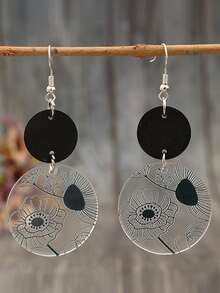 1 Pair Vintage Floral Double Layer Round Disc Earrings, Black Wooden Slice & Transparent Acrylic Printed Versatile Earrings - Black - View 7