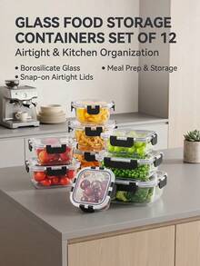 Glass Food Storage Containers Set With Airtight Leakproof Locking Lids, 12 Piece High Borosilicate Glass Storage Container Assortment For Meal Prep, Refrigerator Storage, Kitchen Organization, Food Preservation, Pantry Organization And Daily Storage - Transparent - View 7
