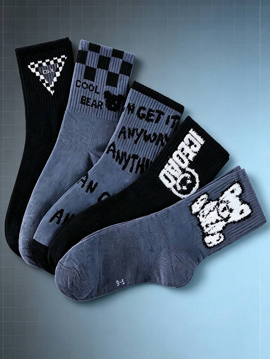 1/5 Pairs Women's Round Neck Socks, Vintage Graffiti Cartoon Plush Bear & Letter Print Socks, Soft & Comfortable Y2K Street Style Socks, All-Season Daily Commute Socks - Multicolor - View 1