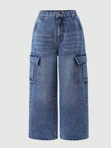 Tween Boy Fashion Street Button Pocket Cargo Denim Jeans - Medium Wash - View 6