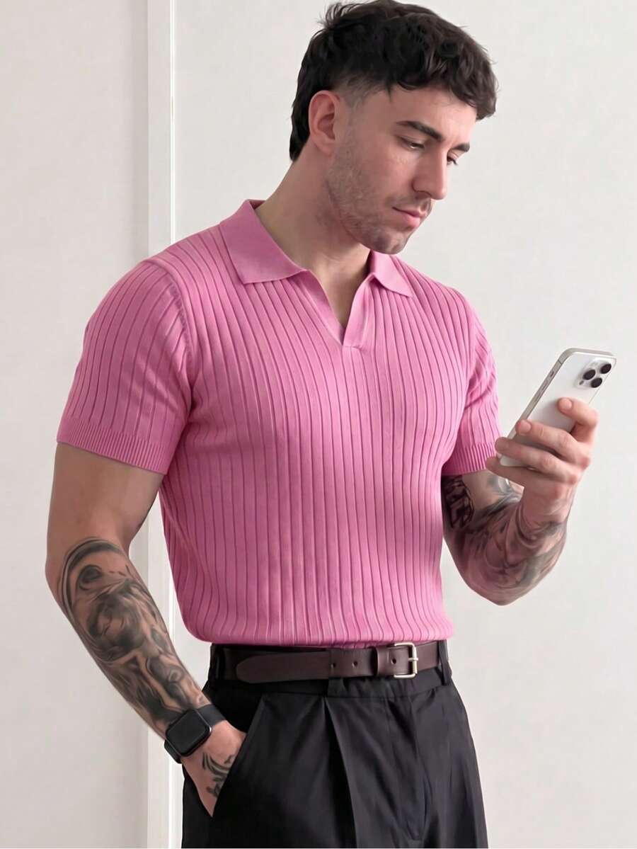 Camisa de manga corta de punto clásico con cuello acanalado de unicolor para hombre, adecuada para actividades al aire libre en verano, esencial de moda