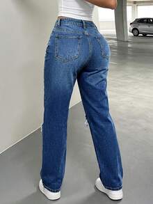 Celana Jeans Denim Kasual Wanita dengan Saku, Gaya Minimalis Eropa dan Amerika, Model Lurus dengan Efek Usang dan Pudar - Dark Wash - View 4