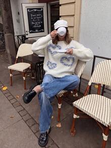2026 Autumn New Women's 3D Lace Heart Pattern Blue & White Plaid Heart Decor Round Neck Long Sleeve White Sweater, College Style Knitwear, Daily Commute Outfit, Back To School Season Outfit, Autumn Outfit, Patterned Top, Streetwear, Women's Party Outfit - White - View 6