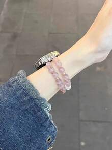 1pc Cat Eye Stone Bamboo Knot Beaded Watch Band, Accessory For Apple Watch - Baby Pink - View 3