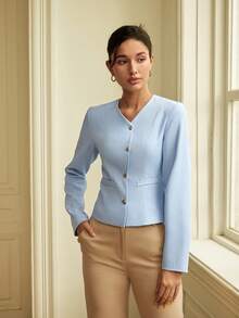 Women's Solid Color Elegant Commuter Blazer - Blue - View 5