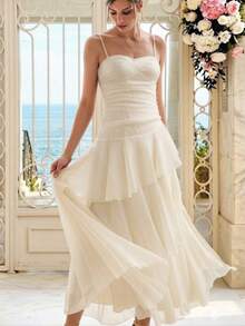 Women's Elegant Asymmetrical Ruffle Strap Dress, Versatile Design Suitable For Party, Beach, Vacation In Summer Wedding - Apricot - View 1
