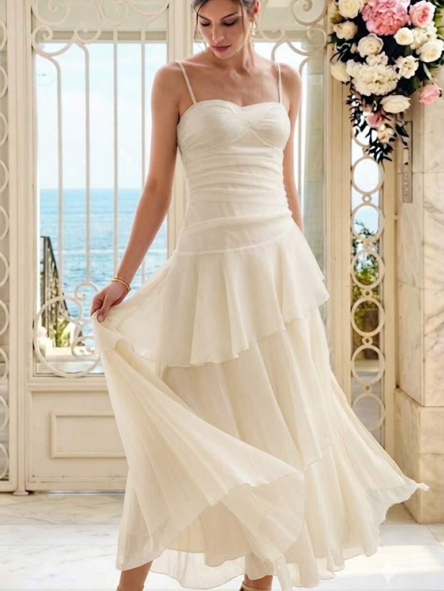 Women's Elegant Asymmetrical Ruffle Strap Dress, Versatile Design Suitable For Party, Beach, Vacation In Summer Wedding - Apricot - View 1
