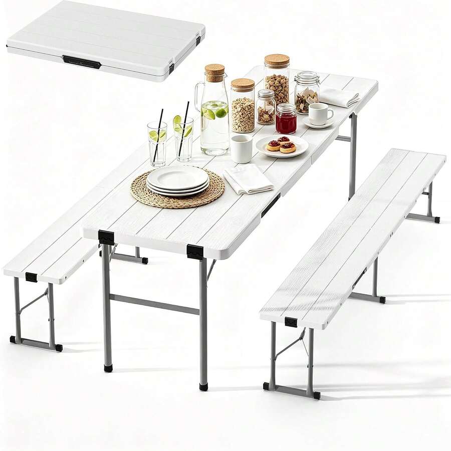 6FT Folding Picnic Table Set With Benches, All-In-One Carry Case Design, Seats 6-8, Heavy Duty HDPE & Steel Construction, Portable For Camping Picnic Party, White - Multicolor - View 1