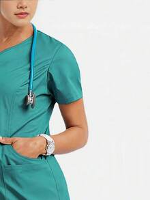 Short Sleeve Solid Color Casual Top With Multiple Pockets, Fashionable Commuter Workwear, Comfortable Leisure T-Shirt, Spring/Summer - Green - View 2