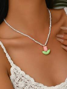 1pc Sweet Fresh Gentle Style Pink & Green Tulip Pendant Baroque Beaded Necklace, Suitable For Wedding, Banquet, Party, Dress Outfit - Multicolor - View 3