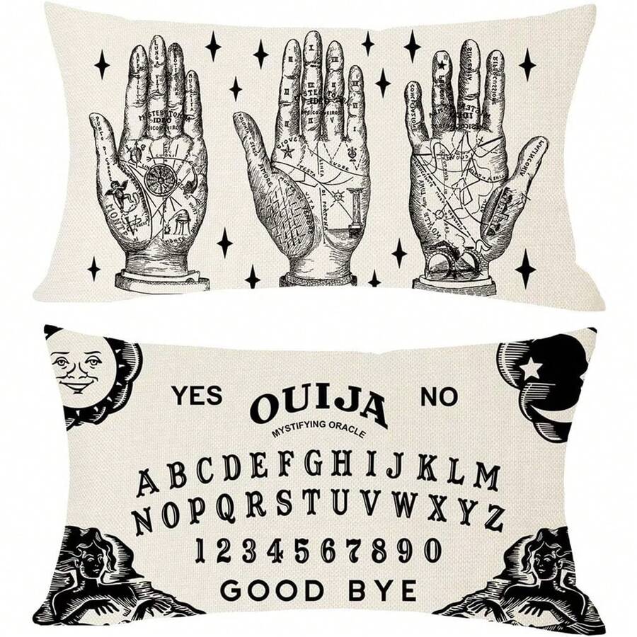 2PCS Retro Palm Reading Ouija Board Lumbar Pillow Cover, Vintage Mystical Palm Divination Zodiac Ouija Letter Cushion Cover, Gothic Witchcraft Halloween Sofa Home Decoration, Single-Sided, Pillow Insert Not Included - Black and White - View 1