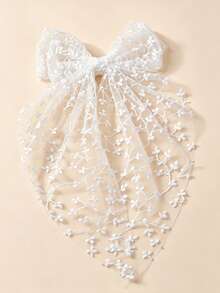 1件女孩白色蕾絲刺繡可愛優雅長尾蝴蝶結面紗髮夾，女孩裝飾性髮飾 - 彩色 - 查看 2