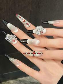 10pcs Handmade Coffin Shape Press-On Nails, Exquisite Fake Nails, High-End Black French Style, With Spherical Cat Eye, Layered Rhinestones, Cross And Wing Design, Elegant And Luxurious, Light Luxury Heavy Craftsmanship Handmade Wearable Nails, Suitable For Women - Champagne - View 3