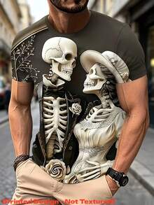 Fashionable Men's Crew Neck T-Shirt, Skull Skeleton Graphic, Versatile Short Sleeve Top - Multicolor - View 5