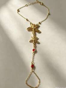 1pc Fashionable Ocean Style Starfish Pearl Beaded Finger Chain, Suitable For Women's Daily, Vacation, Beach, Date Wear, Bracelet Size Is Based On The Actual Size, Not Based On The Beads - Red - View 7