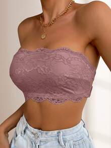 CELILIN Women's Strapless Lace Bandeau Bra, Non-Slip Seamless Tube Top, Suitable For Off-Shoulder Outfits - Dusty Pink - View 5