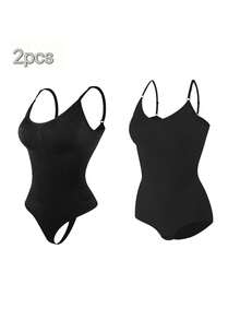 2Pcs High Waist Tummy Control Thong Bodysuit Figure - 黑 - 查看 1
