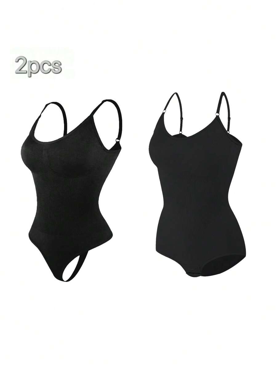 2Pcs High Waist Tummy Control Thong Bodysuit Figure - 黑 - 查看 1