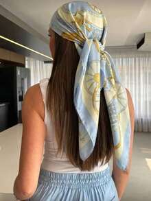 1件女款休閒復古佩斯利馬車鏈條印花絲巾/方巾，波希米亞風髮帶，絲滑緞面質感，適合日常時尚眼鏡造型、度假、海灘派對穿搭 - 淺藍色 - 查看 5