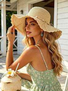 1pc Women's Woven Straw Hat, Wavy Ruffle Wide Brim Soft Hat, Pearl Decor Side Bow, Lightweight Foldable UV Protection Breathable - A - View 1