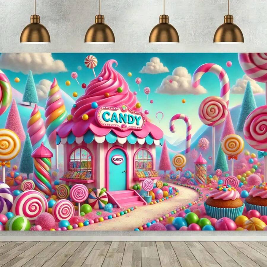 Candy House Backdrop - Birthday Party Decoration, Candy Shop Scene With Lollipops, Suitable For Indoor/Outdoor Events, Photo Background Wall - Sweet Theme Party Decor - Multicolor - View 1