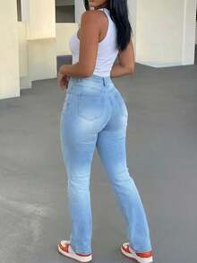 Women's Casual Distressed Light Blue Flare Jeans, With Pockets And Zipper, Medium Stretch Long Pants, Suitable For Autumn Wear - Light Wash - View 1
