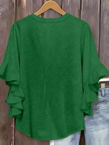 Women's Plus Size Notch Neck Ruffle Hem 3/4 Layered Sleeve Bohemian Style Blouse - Green - View 3