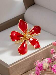 1 Peça Anel Elegante de Moda com Flor de Cinco Pétalas e Gota de Óleo, Anel Feminino Elegante e Minimalista de Luxo - Multicolorido - Visão 12