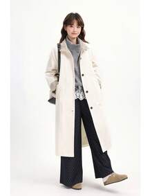 Premium Navy Plaid Patchwork Long Trench Coat Jacket With Pockets, Long Sleeves, For Evening Date, College, Daily Wear, Spring And Autumn - White - View 3