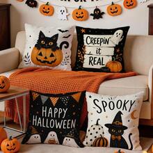 4pcs Black Cat Ghost Halloween Text Pattern Single-Sided Printed Pillow Covers/Cushion Covers, Multi-Scene Atmosphere Decorative Pillow Covers Suitable For Living Room, Sofa, Bedroom, Pillow Inserts Not Included - Multicolor - View 1