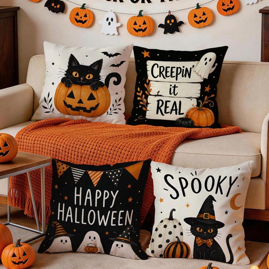 4pcs Black Cat Ghost Halloween Text Pattern Single-Sided Printed Pillow Covers/Cushion Covers, Multi-Scene Atmosphere Decorative Pillow Covers Suitable For Living Room, Sofa, Bedroom, Pillow Inserts Not Included - Multicolor - View 1