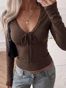 SCARLUX Autumn Y2K Women's Brown Lace Trim V-Neck Long Sleeve Top, Lace-Up Front Slim Fit Cropped T-Shirt, Casual Style - Brown - View 7