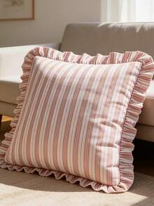 1pc Korean Style Soft Striped Ruffle Pillow Case, Fresh INS Style Bed Head Sofa Decor Square Pillow Cover - No Pillow Insert - Multicolor - View 11