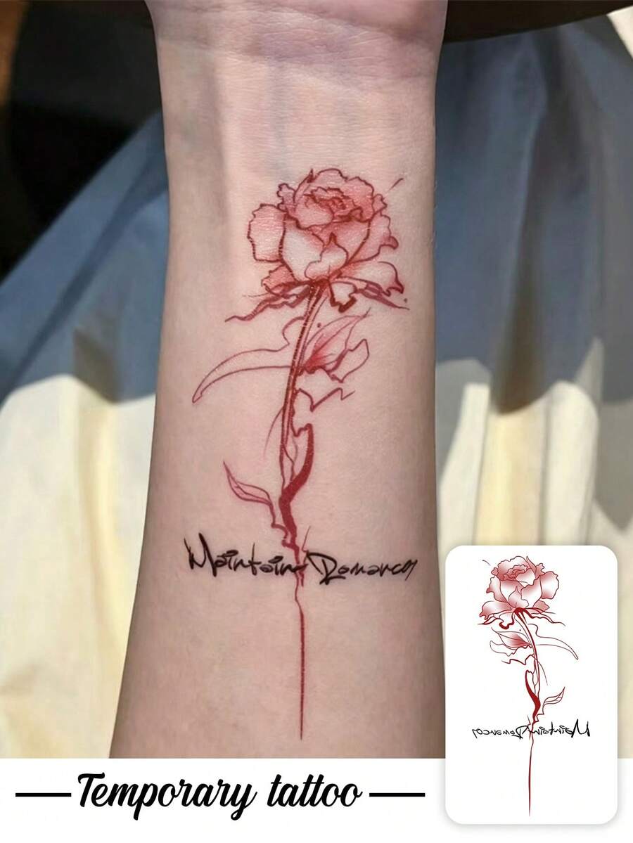 1pc Red Gradient Line Rose Handwritten English Slim Vertical Strip Pattern Temporary Tattoo Sticker, Realistic Fake Tattoo Design, Suitable For Daily Bachelorette Party Favors, Music Festivals, Gaming, Graduation Gifts, Lasts 3-5 Days - Multicolor - View 1